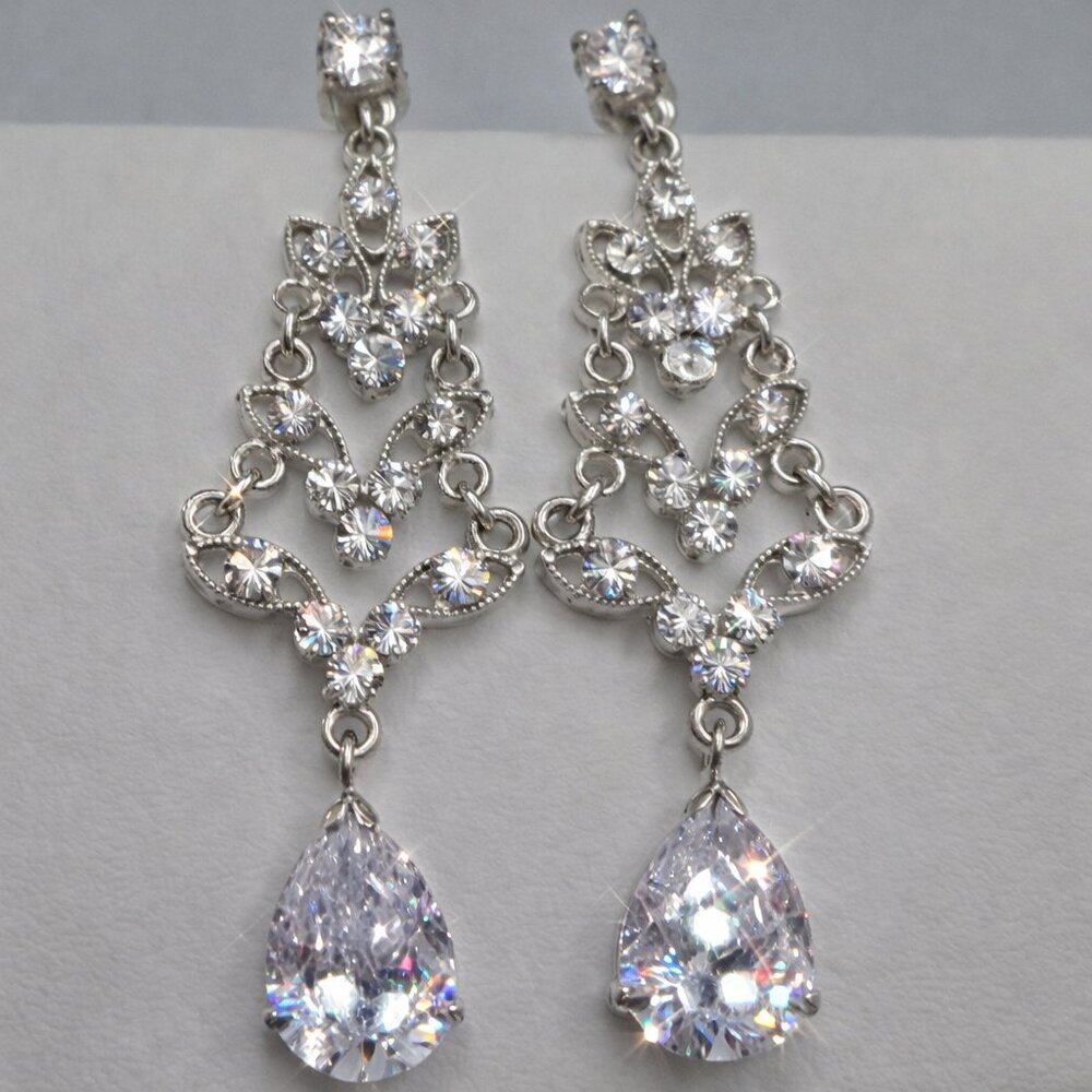 Cubic Zirconia CZ Silver-Tone Chandelier Drop Earrings Bridal Wedding Party